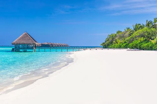 White sandy beach in Maldives with greenery and turquoise blue waters with an overwater villa 