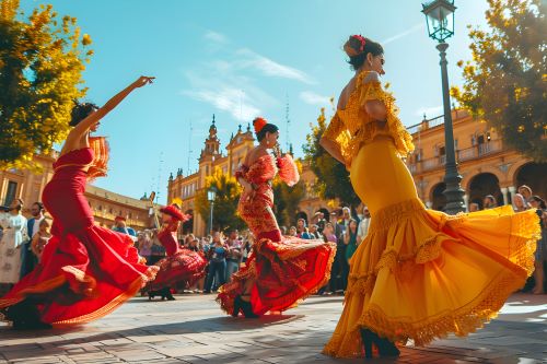 Flamenco dancers wearing bright orange and red dresses
