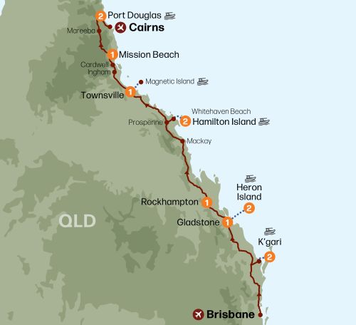 Map of Australia's East coast indicating all stops along this itinerary.