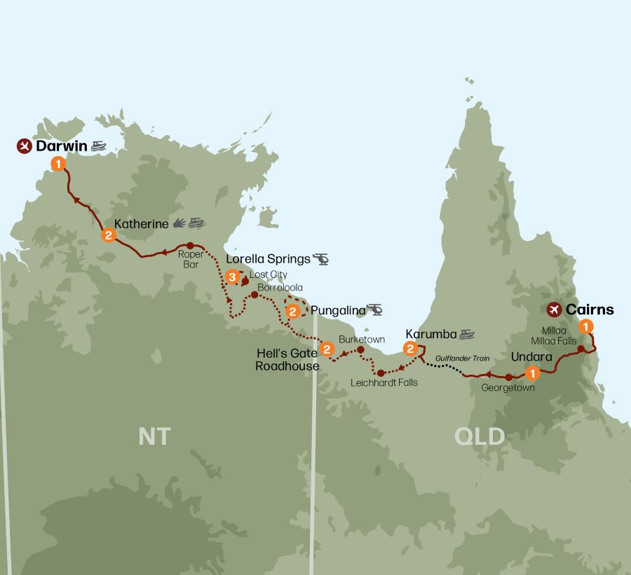 Map of Northern Territory and Queensland indicating all stops along this itinerary