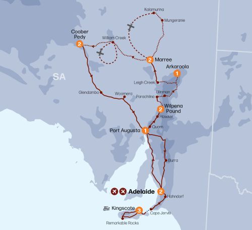 Map of South Australia indicating all stops along this itinerary.