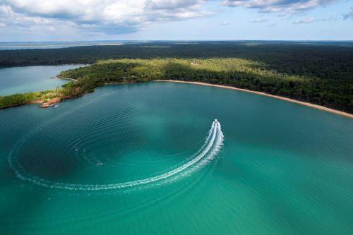 A speedboat creates a curved wake in calm turquoise water near a forested coast.
