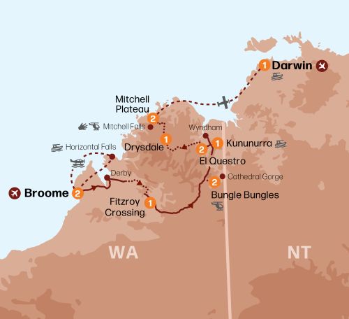 Map of the Kimberley region indicating all stops along this itinerary.