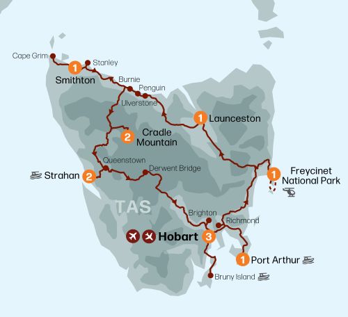 Map of Tasmania indicating all stops along this itinerary.
