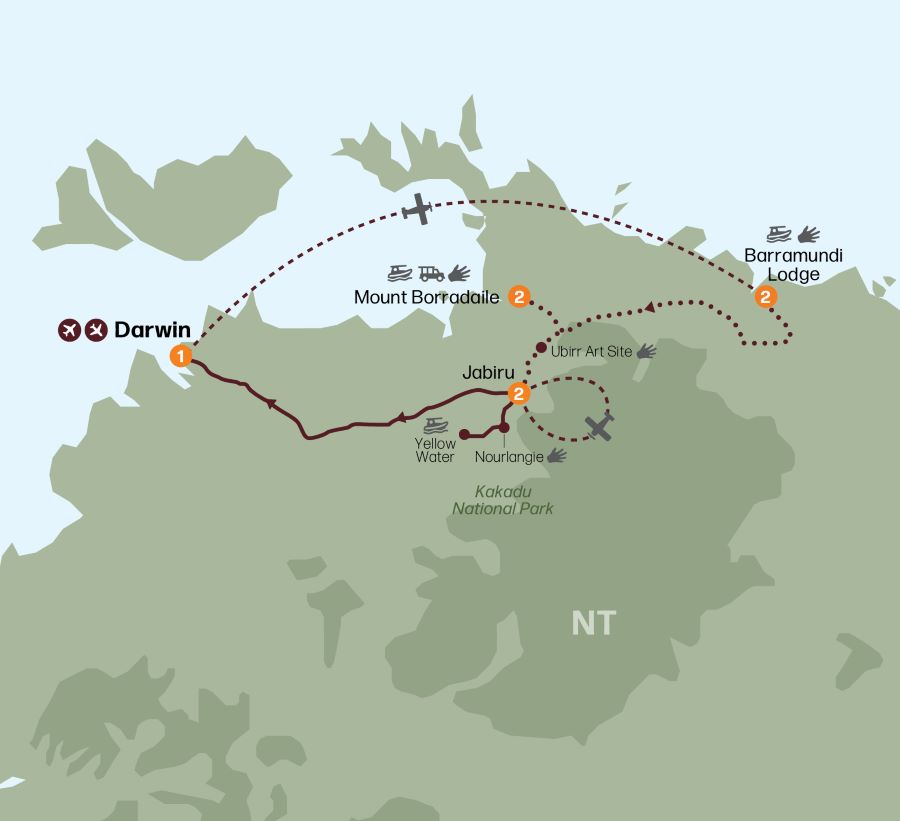 Map of Northern Territory indicating all stops along this itinerary 