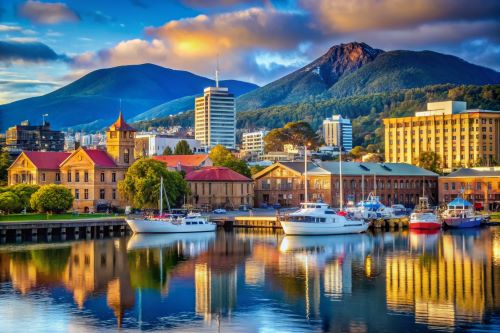 Scenic view of Hobart waterfront with historical buildings and lush mountains in the background.