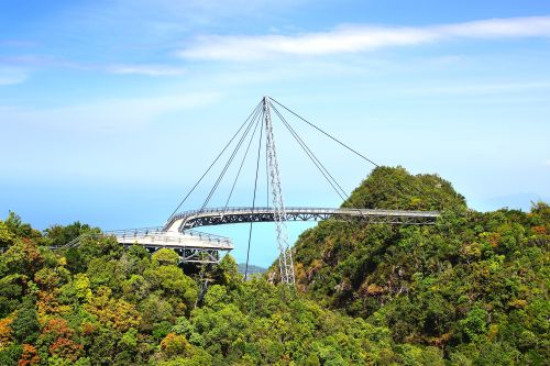 Curved suspension bridge stretching across lush green mountains