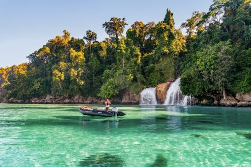A waterfall flowing into the clear ocean surrounded by lush forest