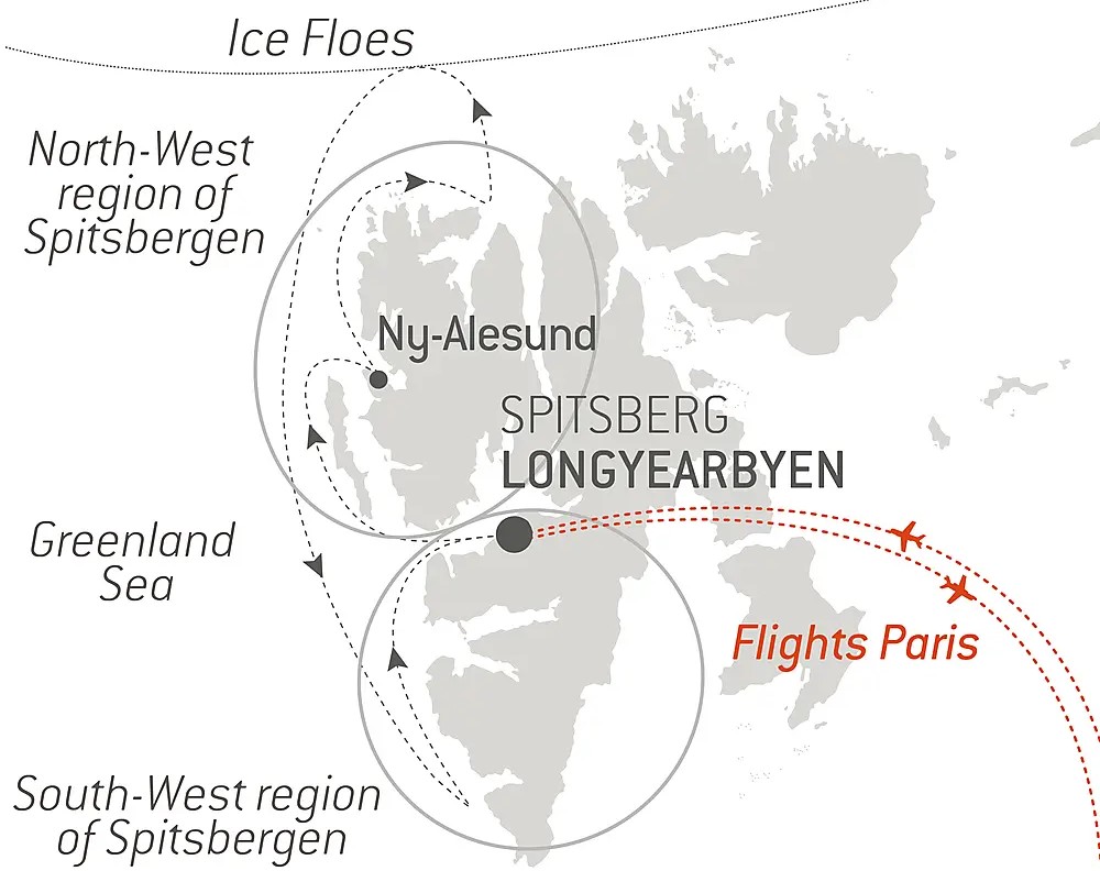 An itinerary or Spitsbergen showing stops of a cruise itinerary