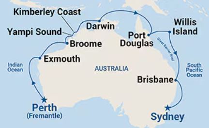 Map of Australia indicating stops along the way of a cruise 