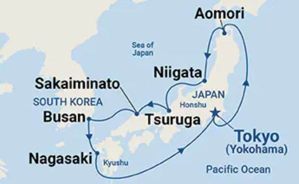 Map of Japan indicating all stops along this itinerary