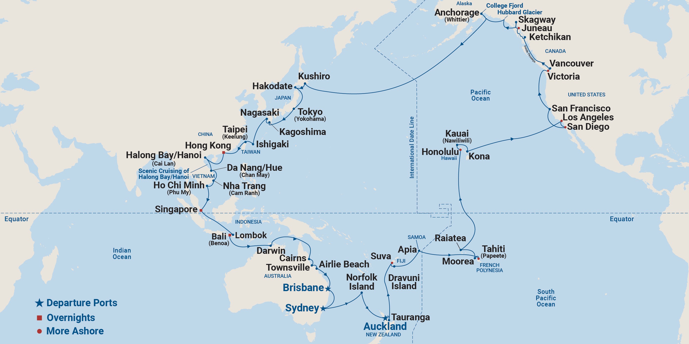 A map of the pacific showing stops on a cruise itinerary