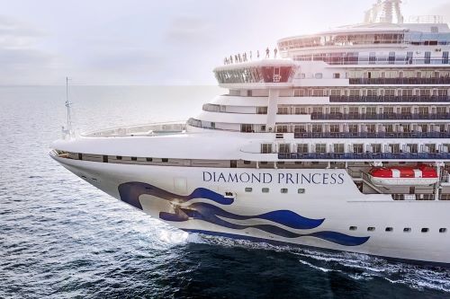 Exterior of the Diamond Princess Cruise ship showing the decks and lifeboats