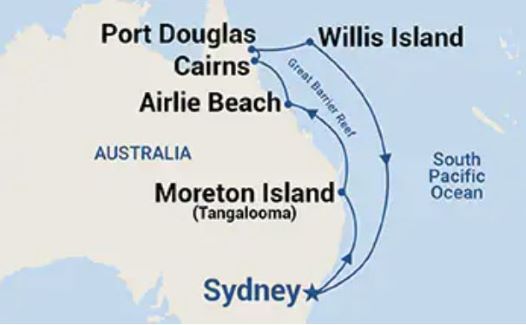 Map of Queensland indicating all stops along the itinerary 
