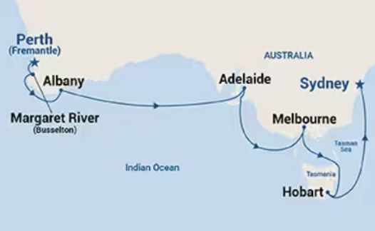 Map of Southern Australia indicating all stops along this itinerary 