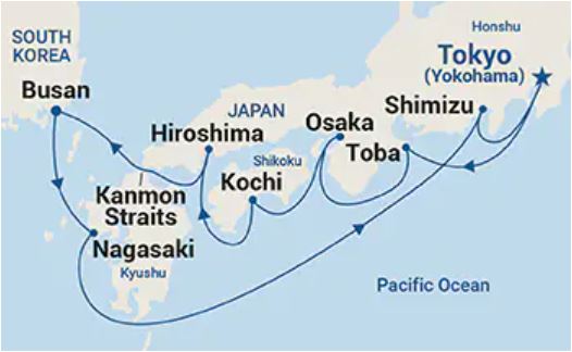 Map of Japan indicating all stops along this itinerary 