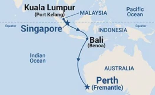Map of Singapore and Australia indicating all stops along this itinerary 