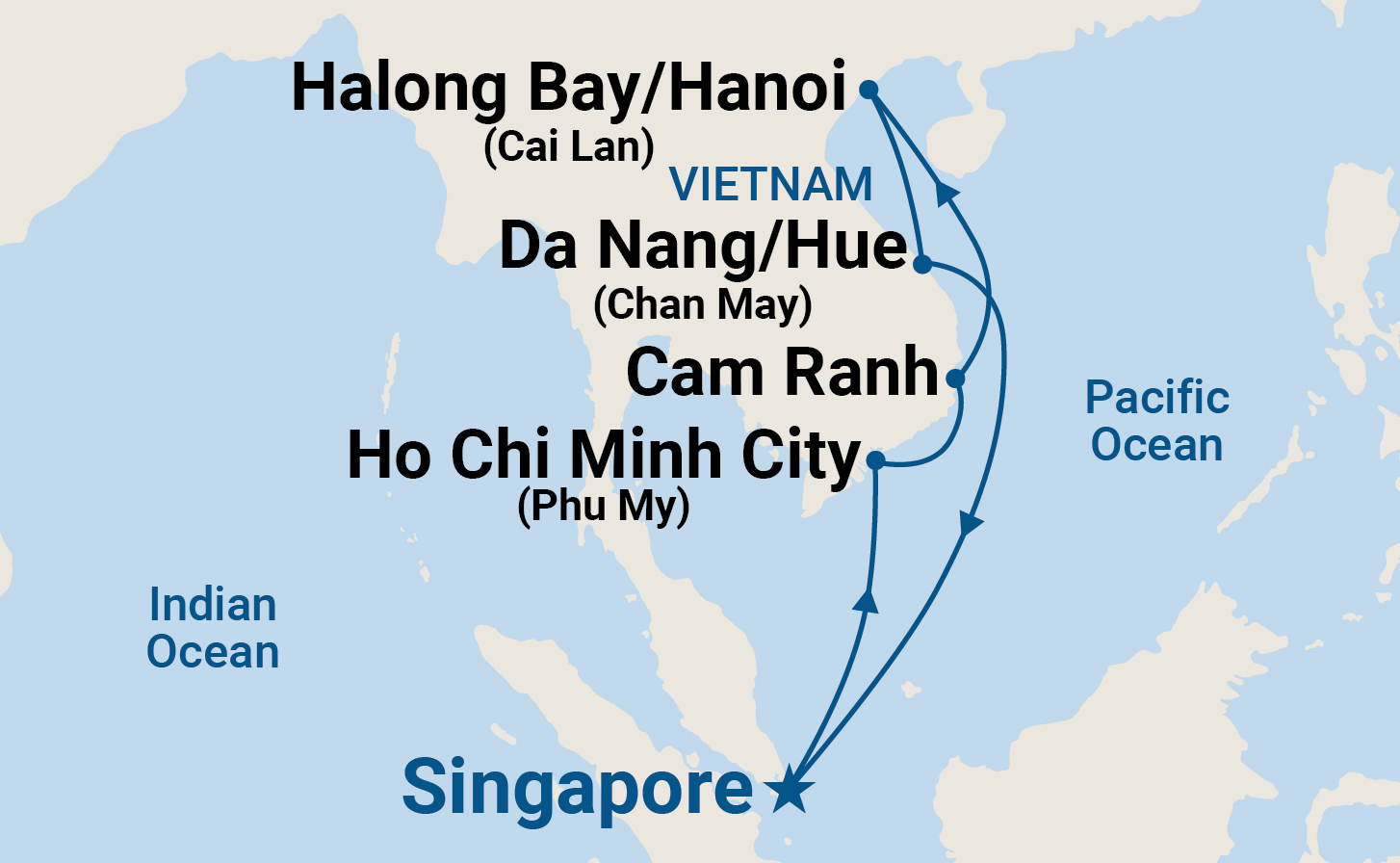 Map of Singapore and Vietnam indicating stops on a cruise itinerary