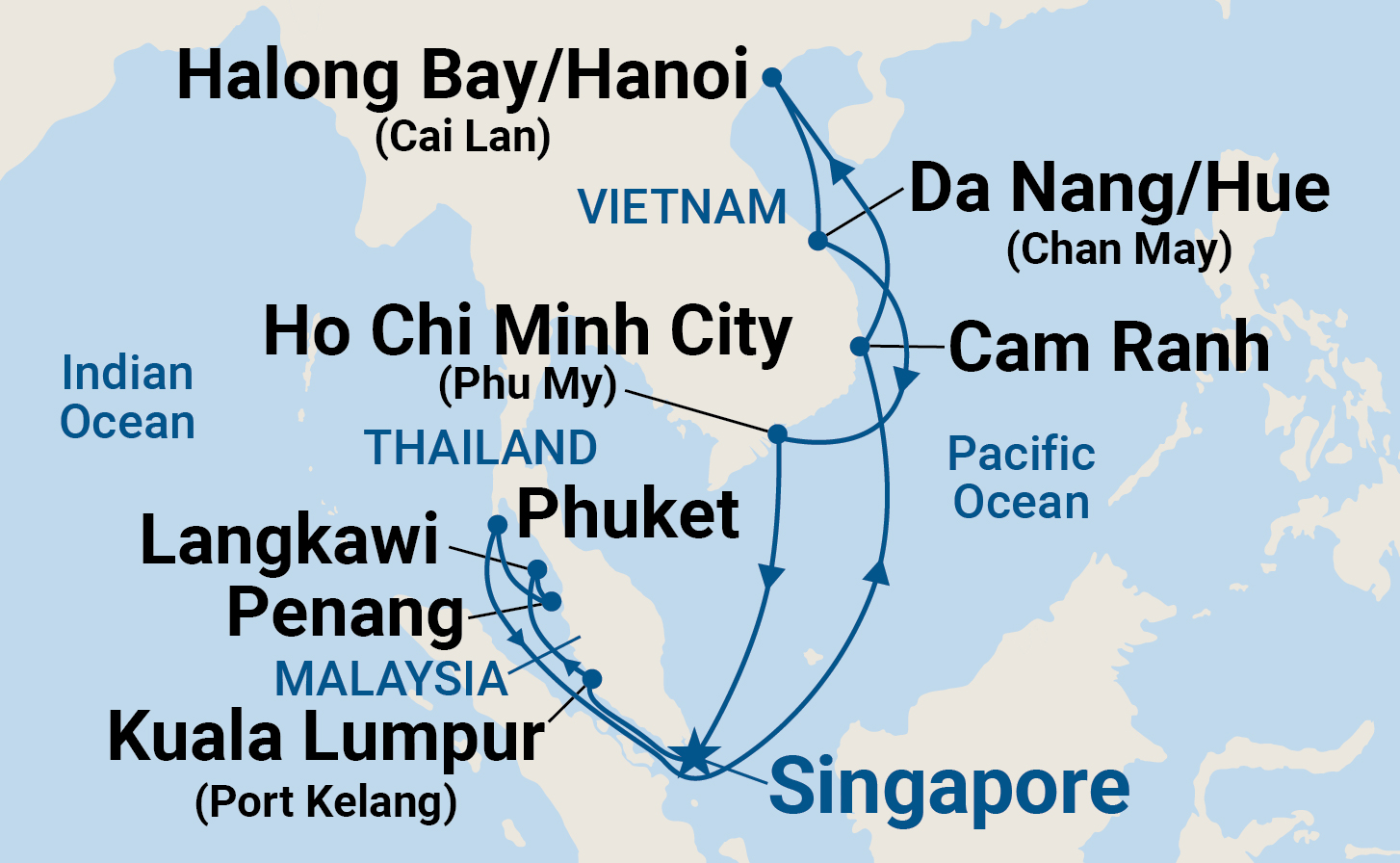 Map of Asia showing stops on a cruise itinerary