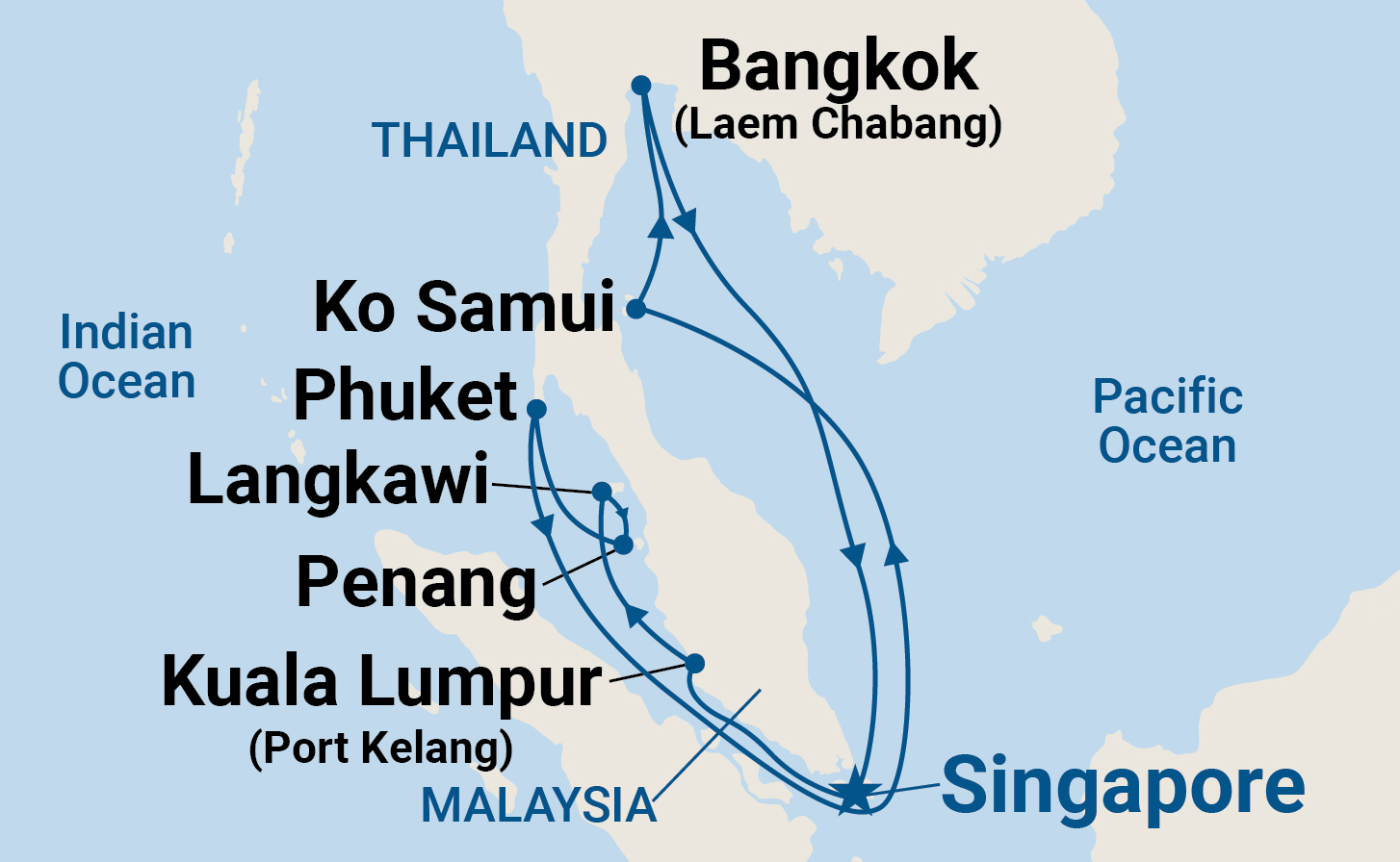 Map of Asia indicating stops on a cruise itinerary