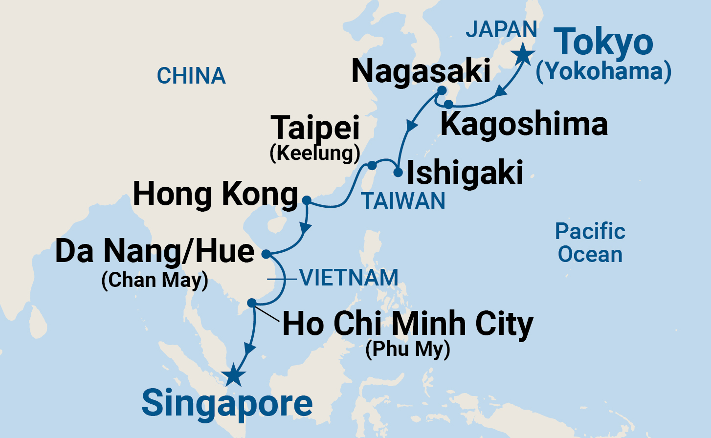 Map of Asia indicating stops on a cruise itinerary