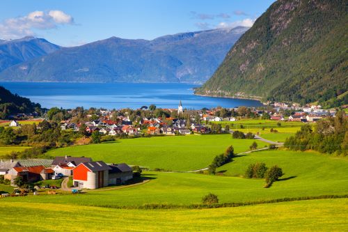 Sognefjord Norway green grass in a valley