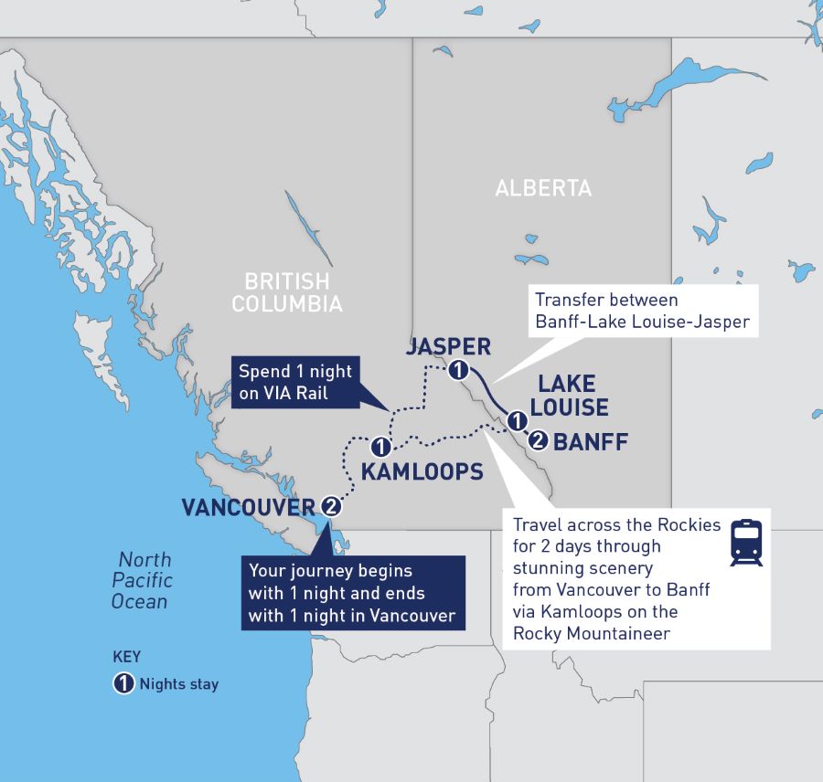 Map of Canada indicating all stops along the itinerary 