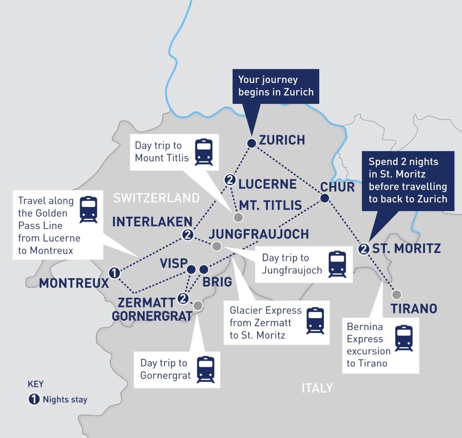 Map of Switzerland indicating all stops along this itinerary