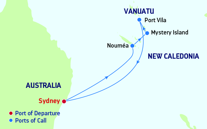 Map of East Coast Australia and South Pacific showing stops on a cruise