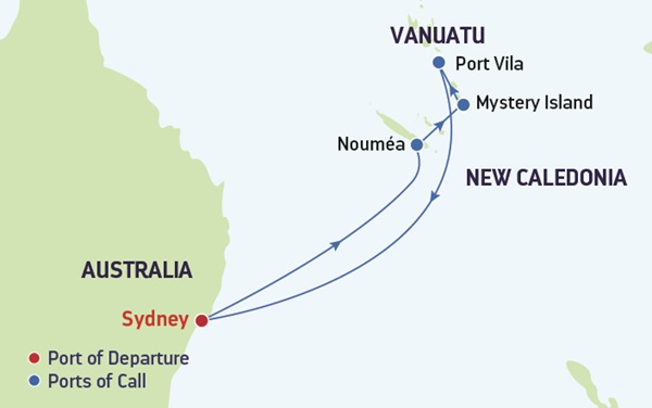 Map of East Coast Australia and South Pacific showing stops on a cruise