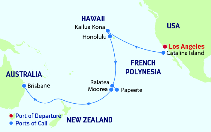 Map of America, South Pacific and Australia showing stops on a cruise 