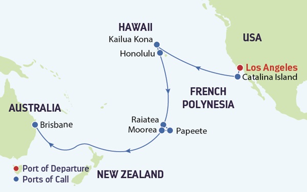Map of America, South Pacific and Australia showing stops on a cruise