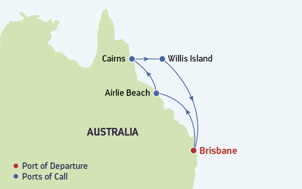 Map of North East Australia showing stops on a Cruise