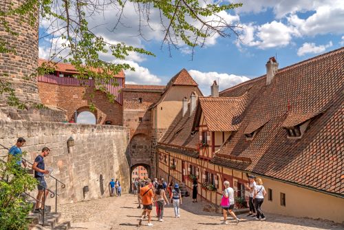 People walking through old town Nuremberg on a sunny day