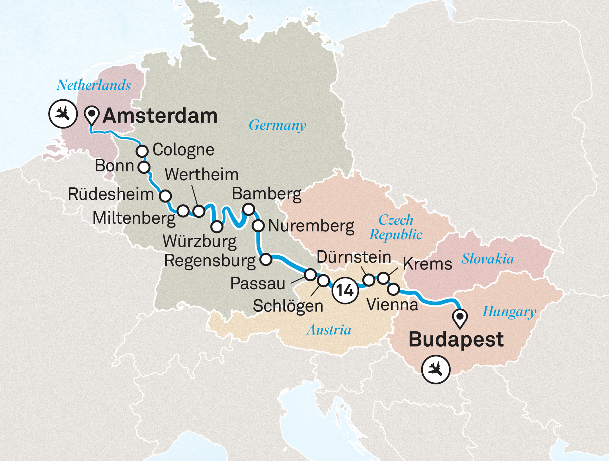 A map of Europe showing stops of a cruise itinerary