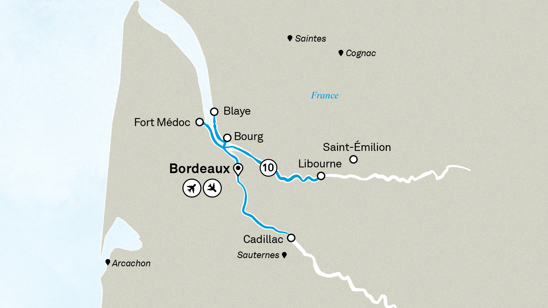 A map of Bordeaux in France showing stops on a River Cruise 