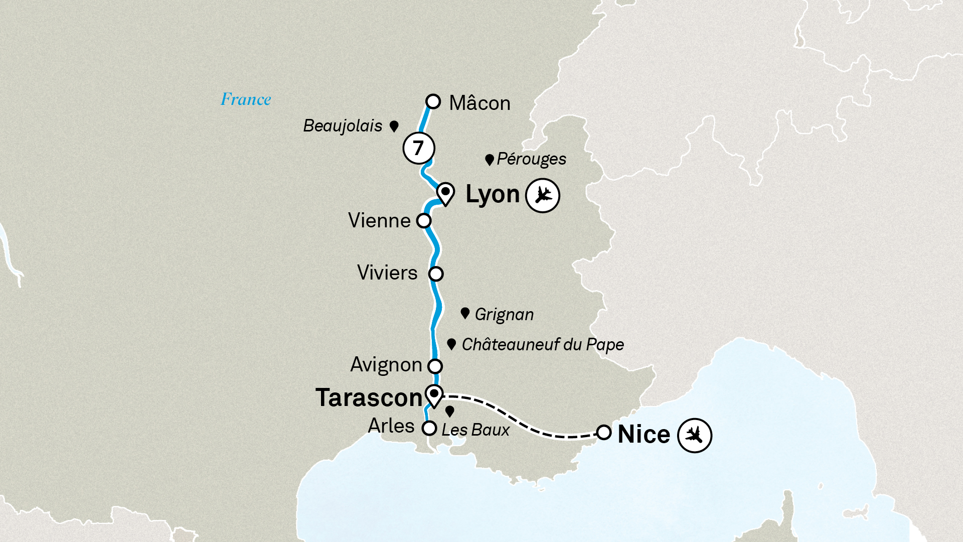 A map of France showing stops on a River cruise itinerary