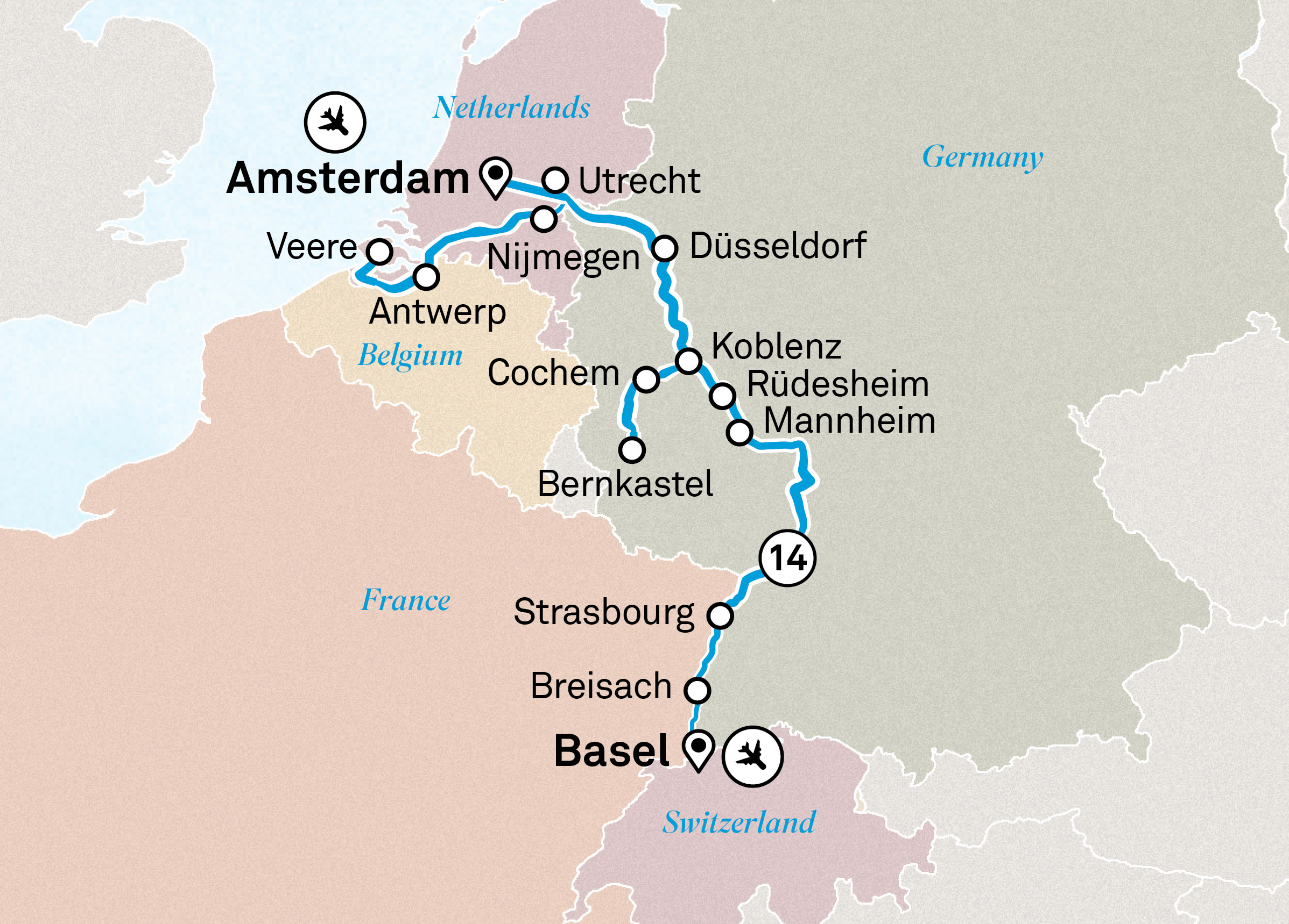 A map of Europe showing stops on a river cruise itinerary