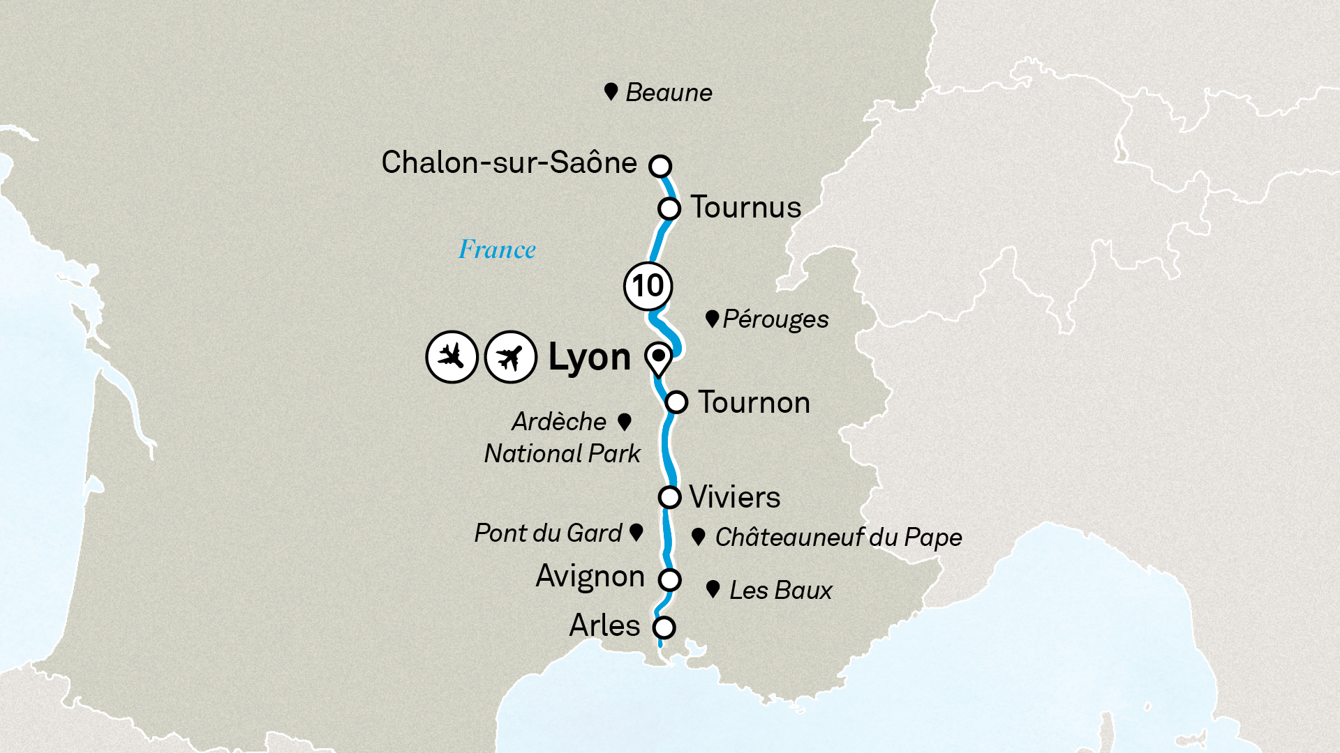 A map of Southern France showing stops on a cruise itinerary