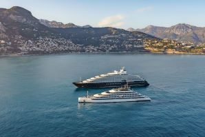 The Scenic and Emerald luxury yacht vessels anchored in a bay by Monte Carlo, Monaco 