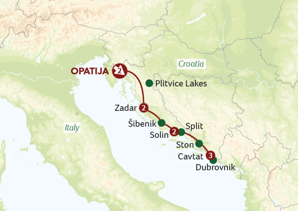Map of Croatia indicating all stops along this itinerary.