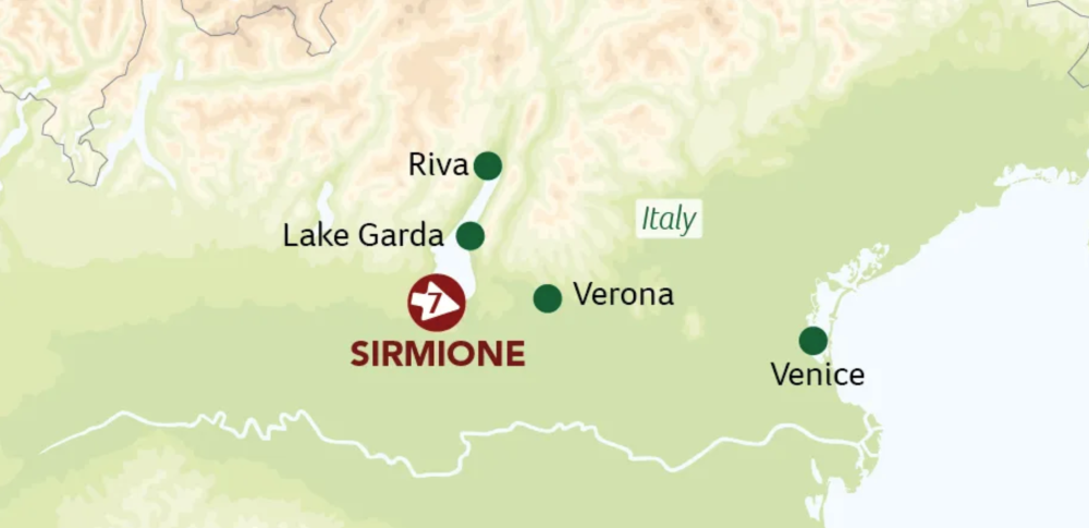 Map of Italy indicating all stops along this itinerary. 