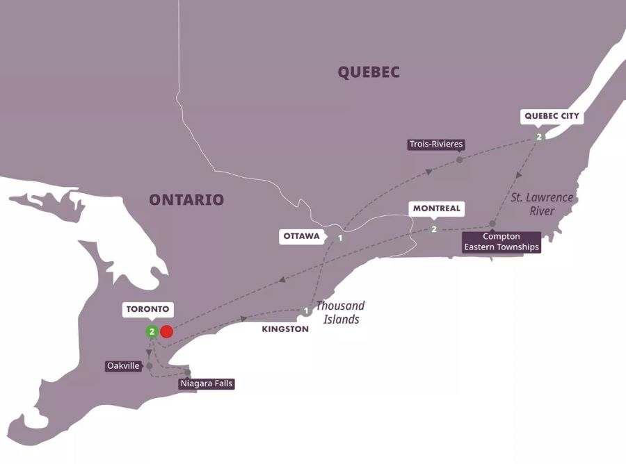 Map of Canada indicating all stops along the itinerary 