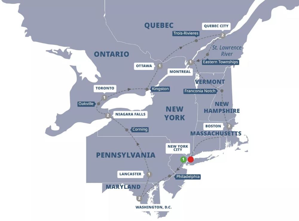 Map of East Coast USA and Canada indicating all stops along this itinerary 