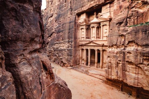 The iconic Treasury building in Petra, which is carved into the rock face 