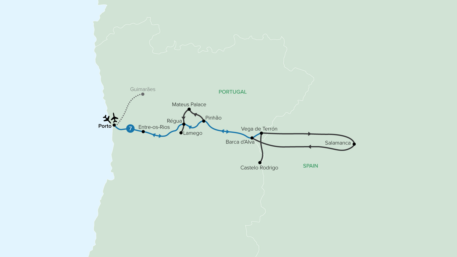A map of Portugal showing stops on a river cruise itinerary 