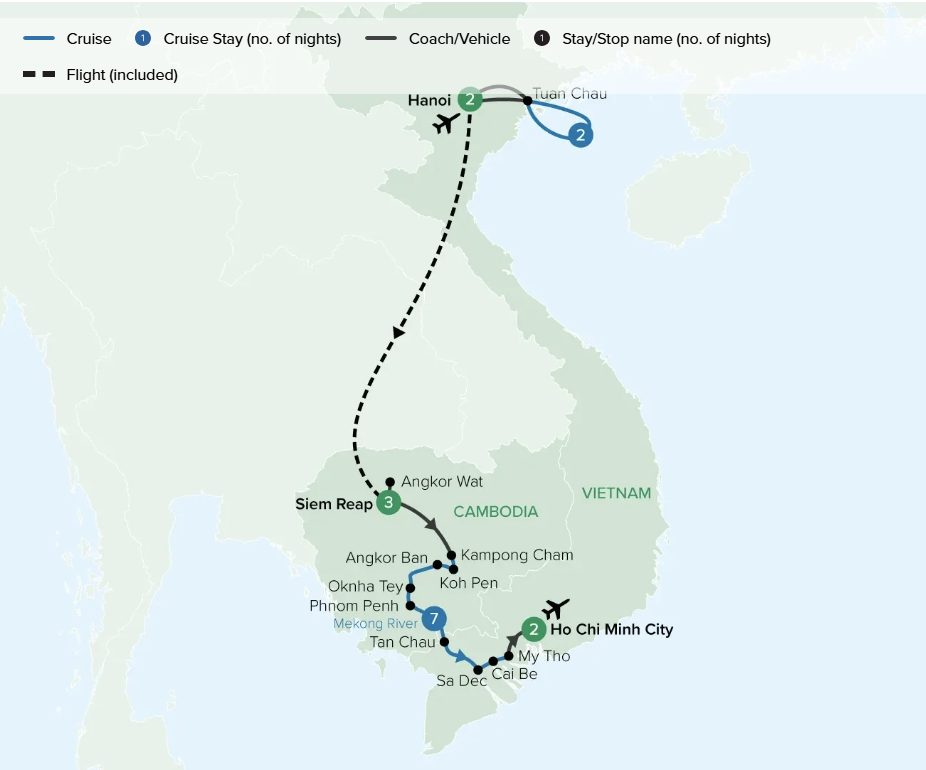 Map of Vietnam and Cambodia indicating all stops along the itinerary. 