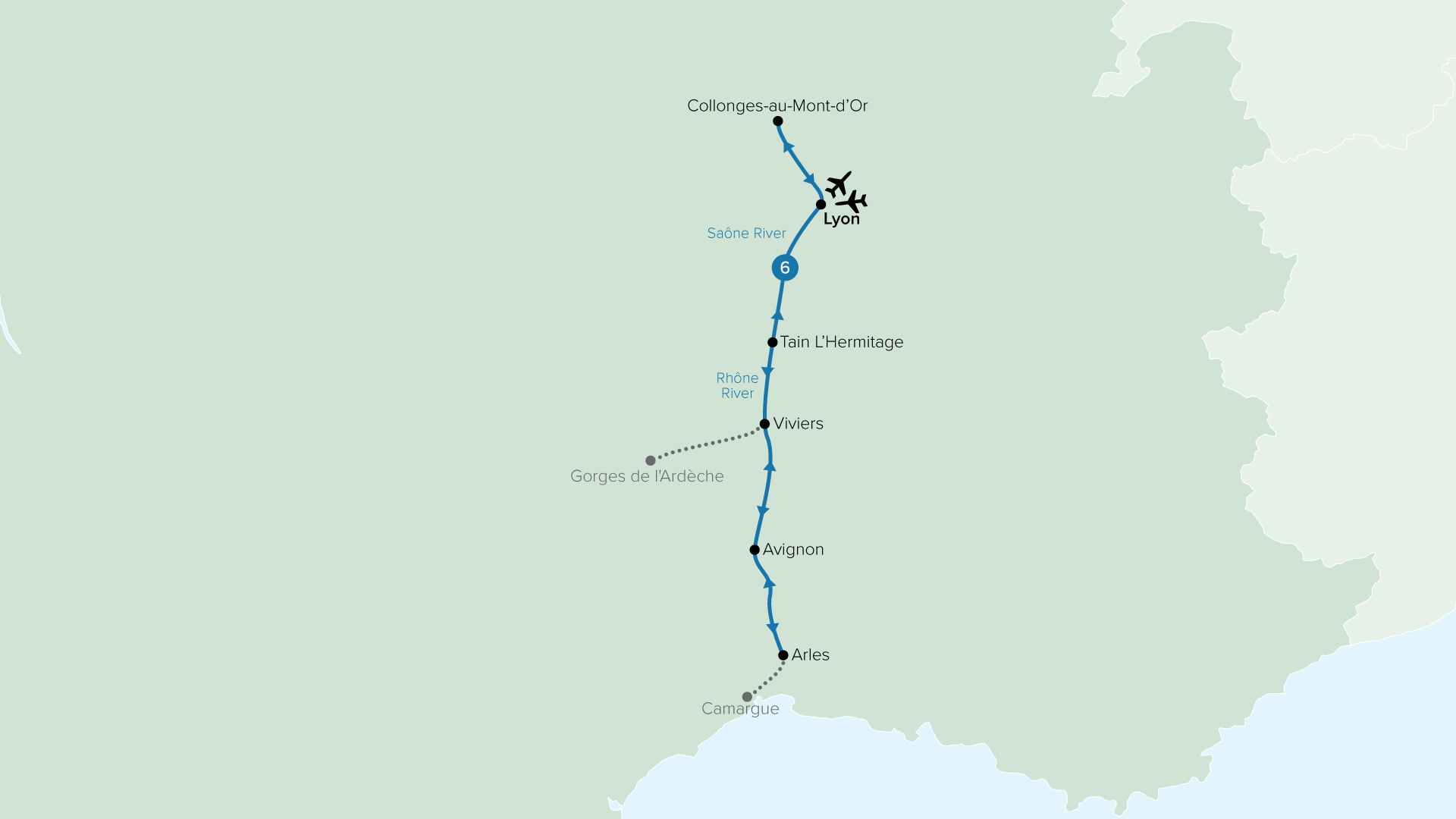A map of France showing stops of a river cruise itinerary