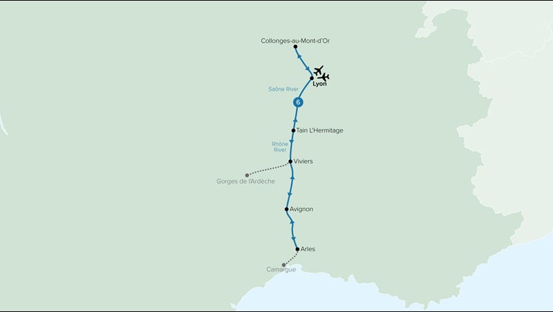 A map of France showing stops of a river cruise itinerary