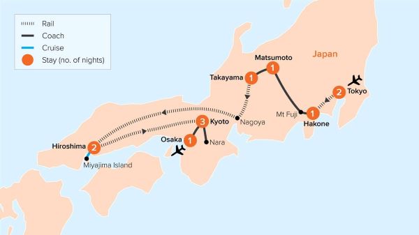 A map of Japan indicating all stops along this itinerary